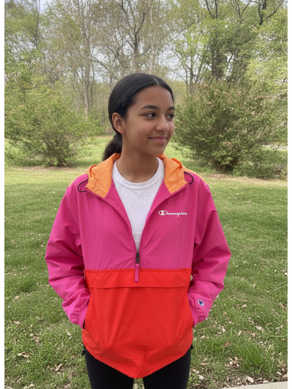Champion Packable Windbreaker XS in the popular "Ice Melon/Peony" color palette.